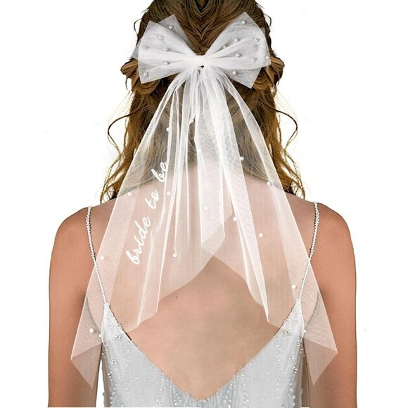 🆕Women White Tulle Pearl 2 Tier Bow Veil Engagement Hair Accessory - Picture 1 of 7